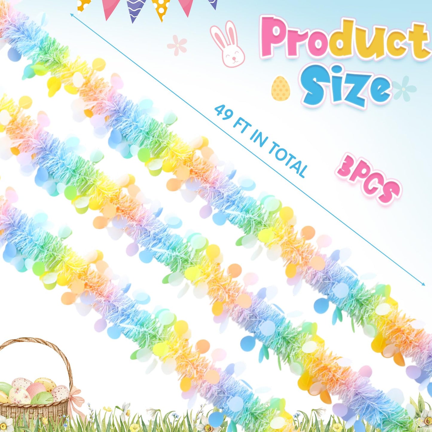 3 Pcs 49 ft Tinsel Garland Decorations Metallic Festooning Garland Glittering Sparkling for Mardi Gras Party Carnival Indoor Outdoor Hanging (Pastel Pink, Blue, Yellow, Easter)