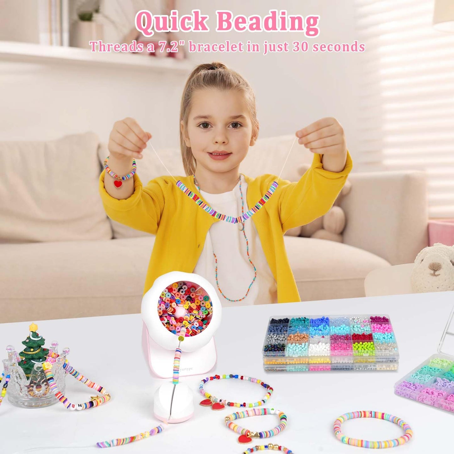 Clay Bead Spinner and Seed Bead Spinner, 2-in-1 Electric Bead Spinner for Jewelry Making, Bracelet Spinner and Necklace Making Machine with Bead Needles and Thread (Pink)