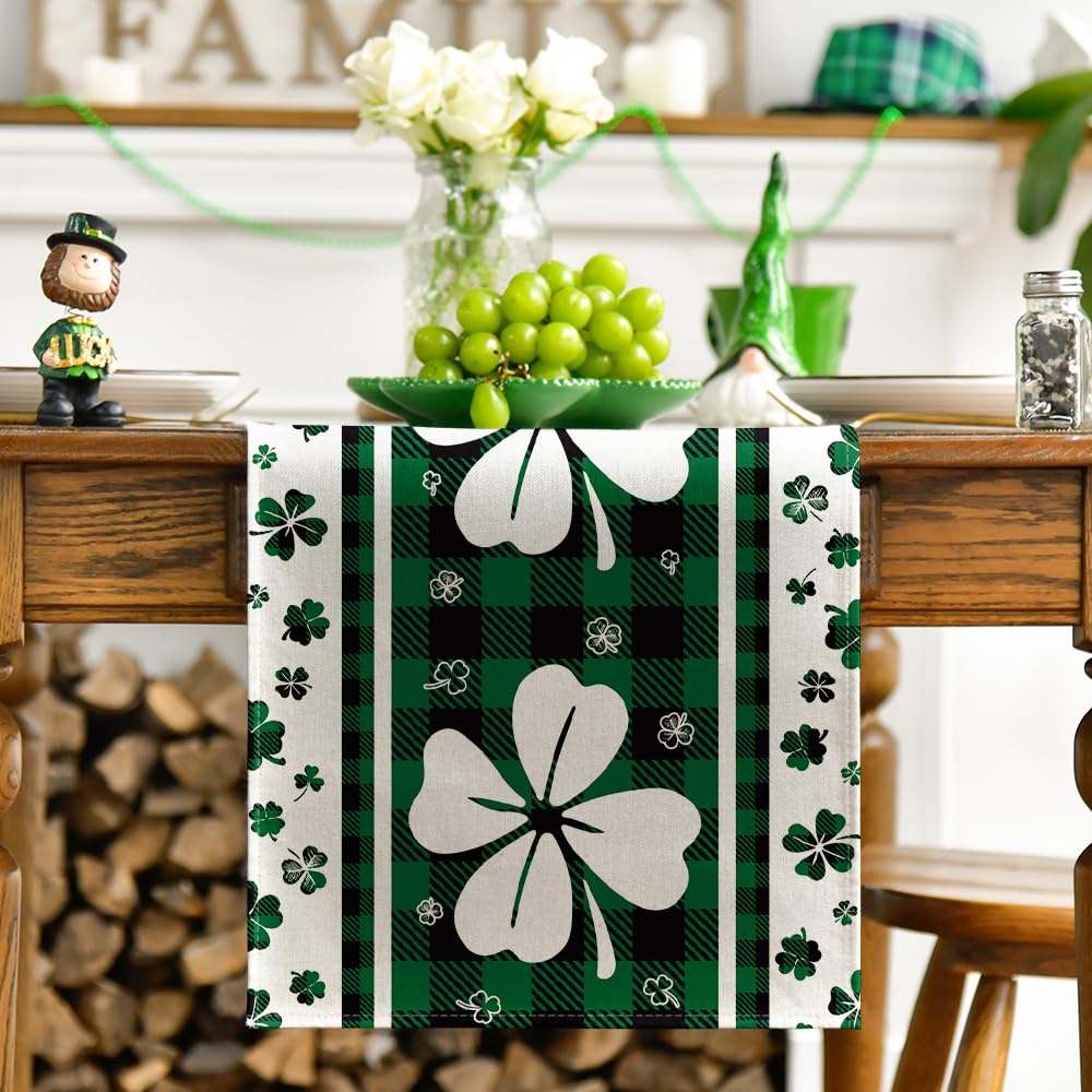 Green Clover Buffalo Plaid Shamrocks St.Patrick's Day Table Runner, Seasonal Kitchen Dining Table Decoration for Indoor Home Party 13x72 Inch