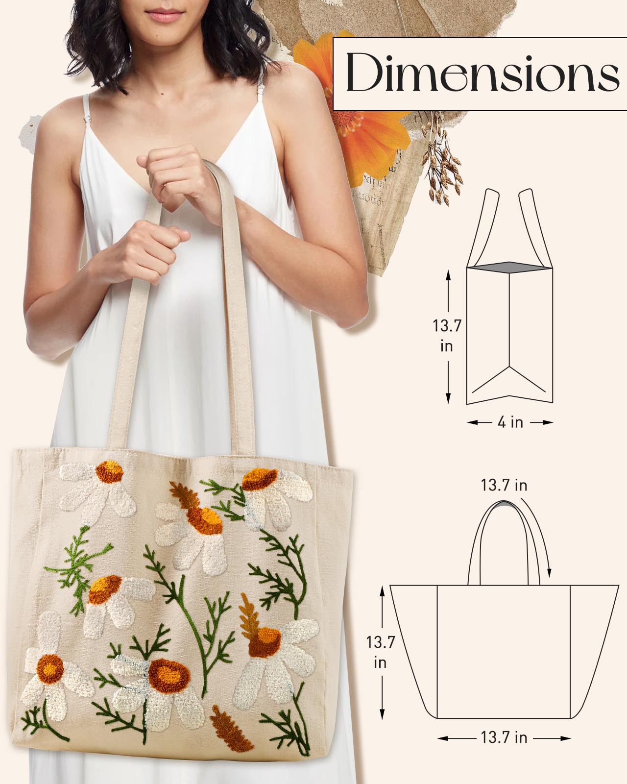 Miss Adola Aesthetic Embroidery Tote Bag for Women - Reusable Canvas Cloth Shoulder Bag with Cute 3d Full Daisy Embroidered Designer Shopping Bag for Grocery, Work, Book, Vacation
