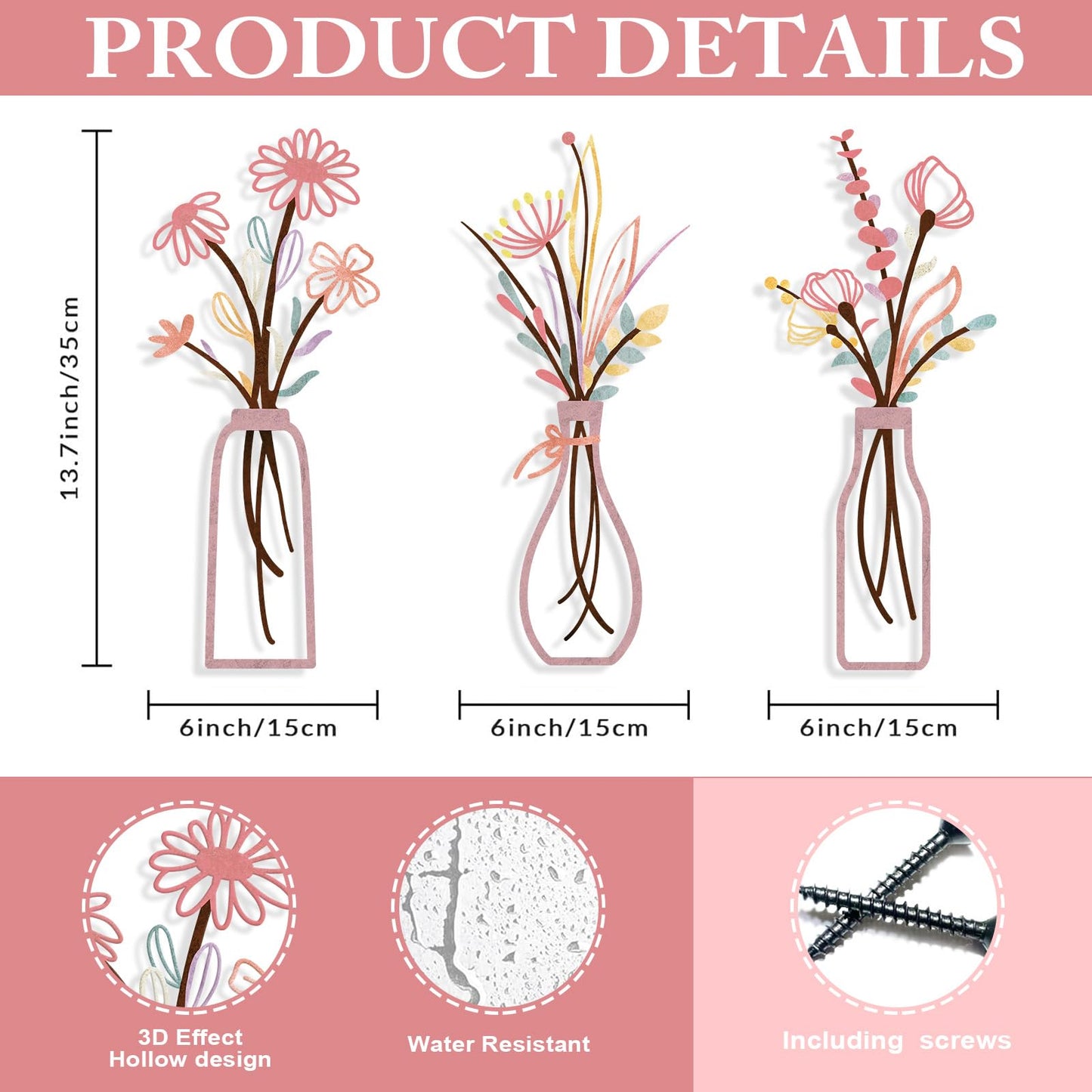 3 Pieces Metal Flowers Wall Arts - Rustic Farmhouse Style Décor Metal Wall Art Black Minimalist Flower Natural Themed Wall Decors for Home Bedroom Dining Room Housewarming (Pinkish)