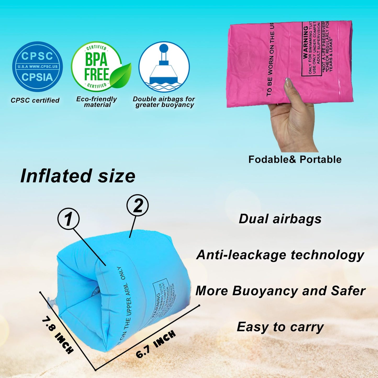 2 Pack Arm Floaties for Kids and Adults- Inflatable Floaties for Kids 6-12yrs, Blow up Water Wings for Toddlers, Swimming Arm Pool Floats for Children and Adults 30-150LBS(Blue and Pink)
