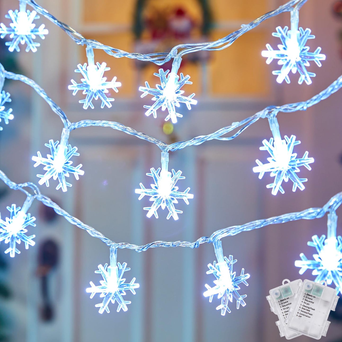 Christmas Snowflakes Light, Snowflakes Holiday Lights with Battery Operated, Waterproof Shatterproof Snowflake Decorative Xmas Fairy Lights for Outdoor Xmas Decor (Pure White, 2 Pack)