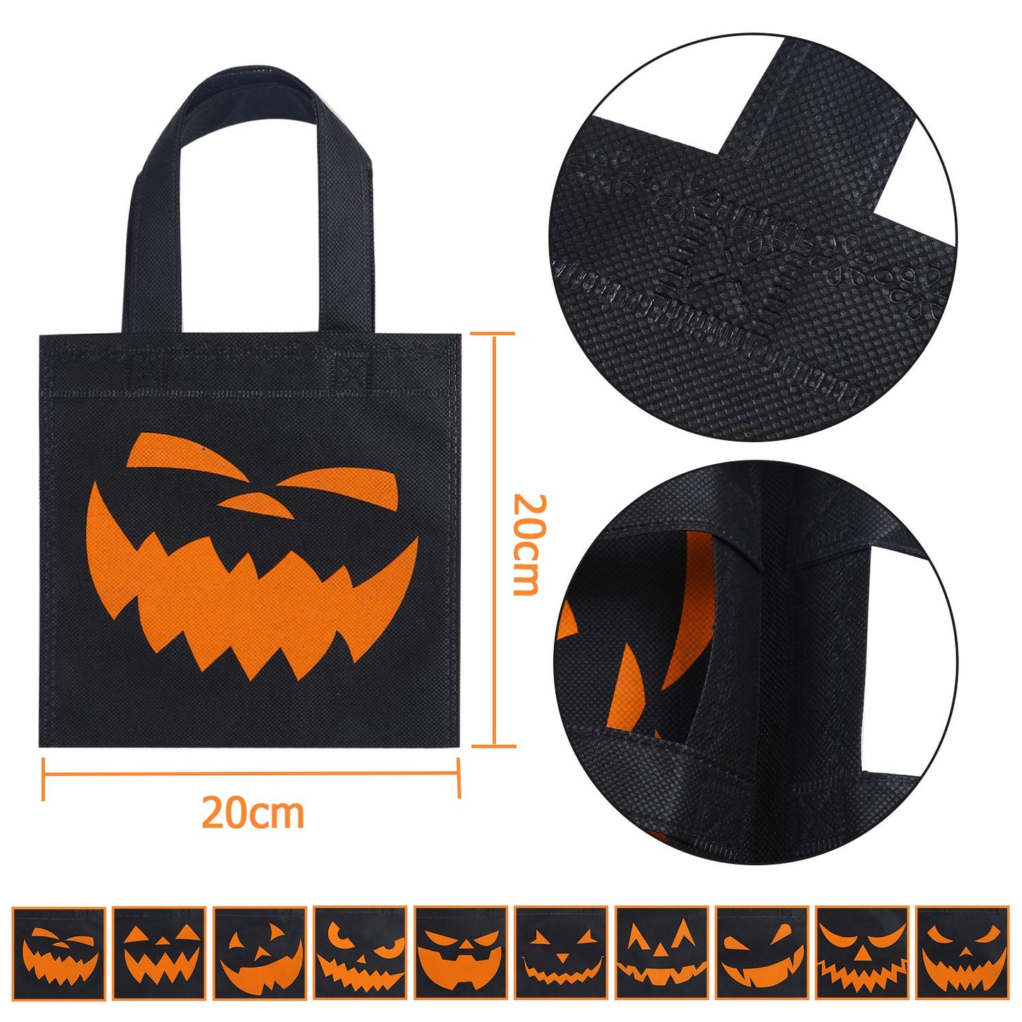 Elcoho 30 Packs Halloween Trick or Treat Non-woven Bags Pumpkin Bag Party Goody Tote Bags Gift Bag with Handles Party Favors, 8 by 8 Inches, 10 Styles