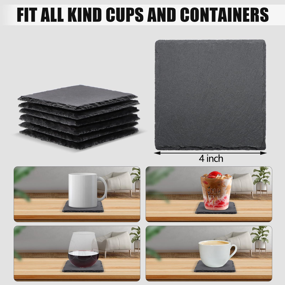 VIBRATITE 6 Pack 4 Inch Square Black Slate Drink Coasters