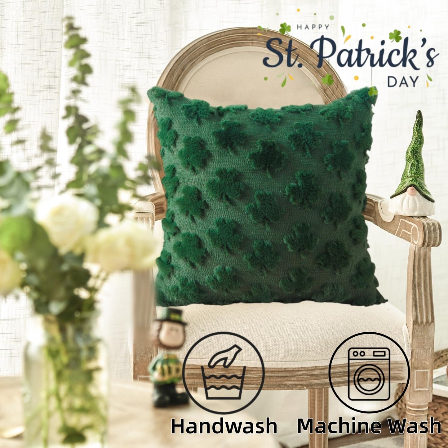 St Patricks Day Pillow Covers, 18x18 Inch Set of 2 Green Shamrock Throw Pillows, Soft Plush & Faux Fur Decor for Couch Sofa Bedroom, Holiday Home Decorations