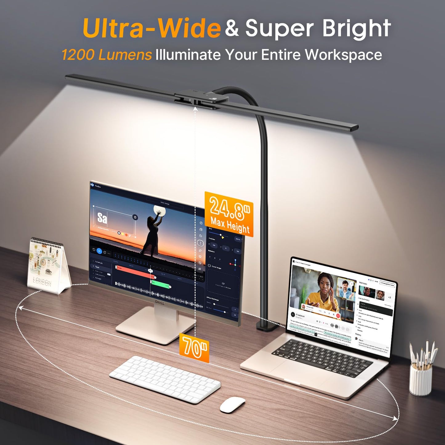 Syrinx LED Desk Lamp for Office Home – Eye Caring Dual Head Desk Light with Flexible Goose-Neck, Clamp, Motion Sensor/Wired Control, 50 Lighting Modes with Memory/Timer, Table Lamp for Study, Drafting