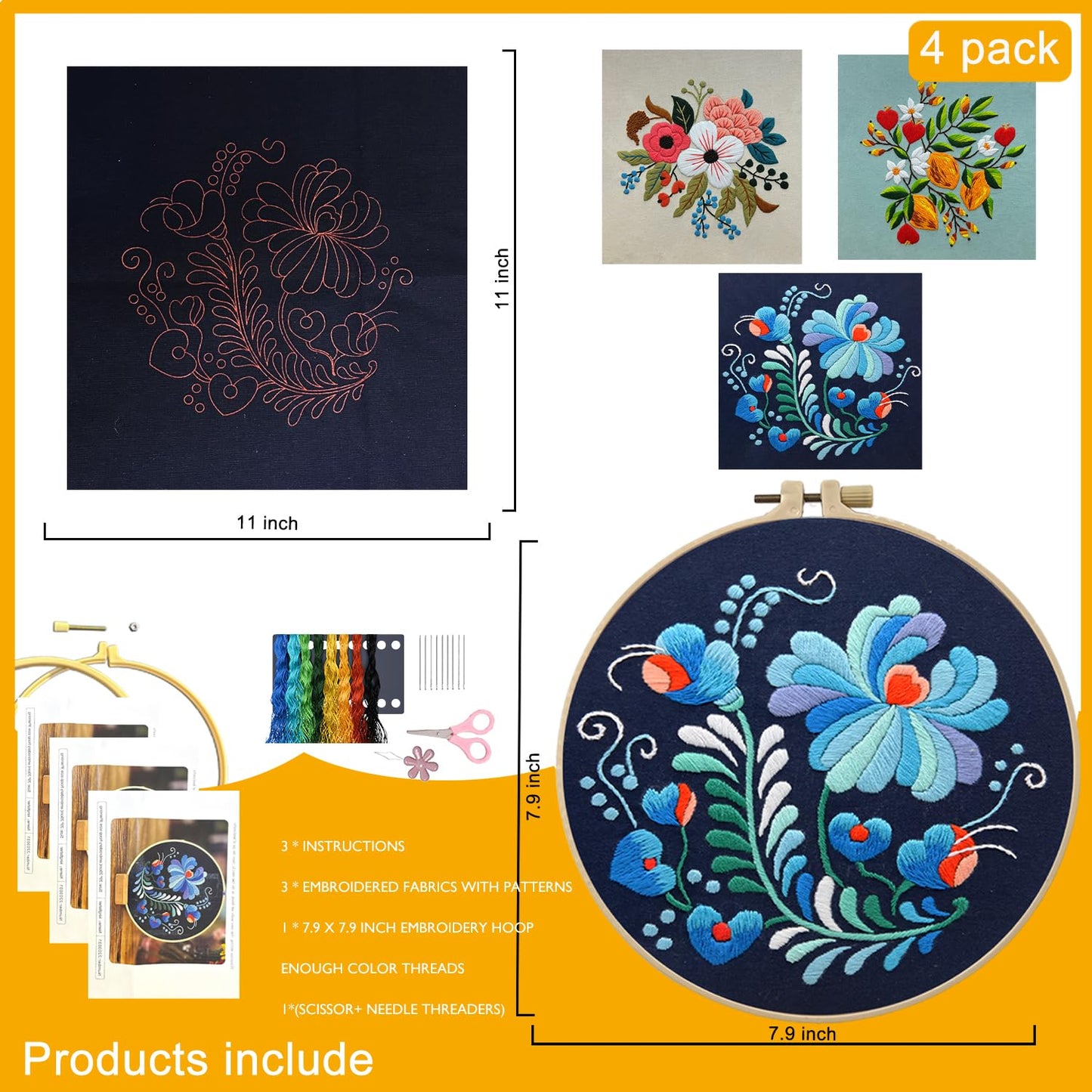 3 Sets Embroidery Kit for Beginners Adults， Flower Pattern Hand Embroidery Kit Cross Stitch Starter Kits DIY Embroidery Kits with Patterns and Instructions Hoops Needles Threads, Onesize