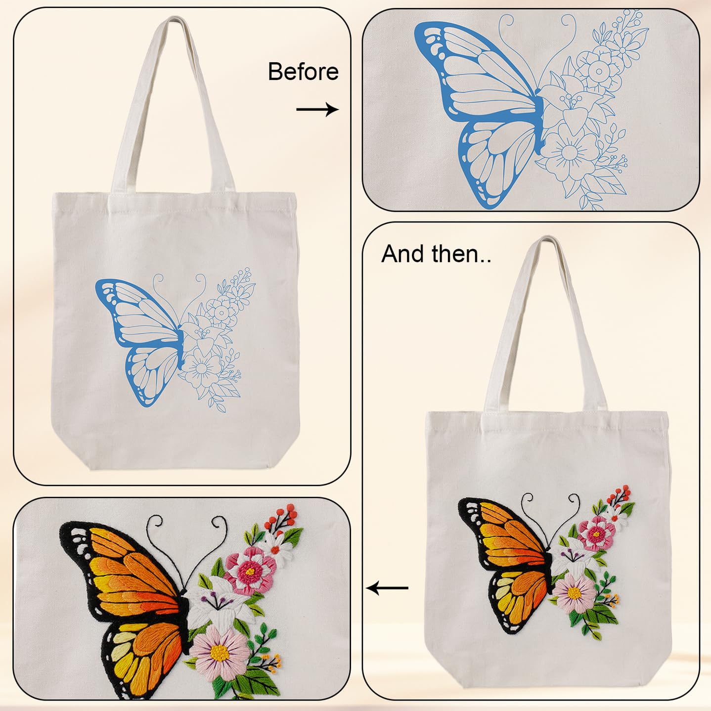 Embroidery Kit Canvas Tote Bag for Beginners,Cross Stitch Kits for Adults,DIY Needlepoint with Butterfly Floral Pattern,Women Shopping Reusable Grocery Bags