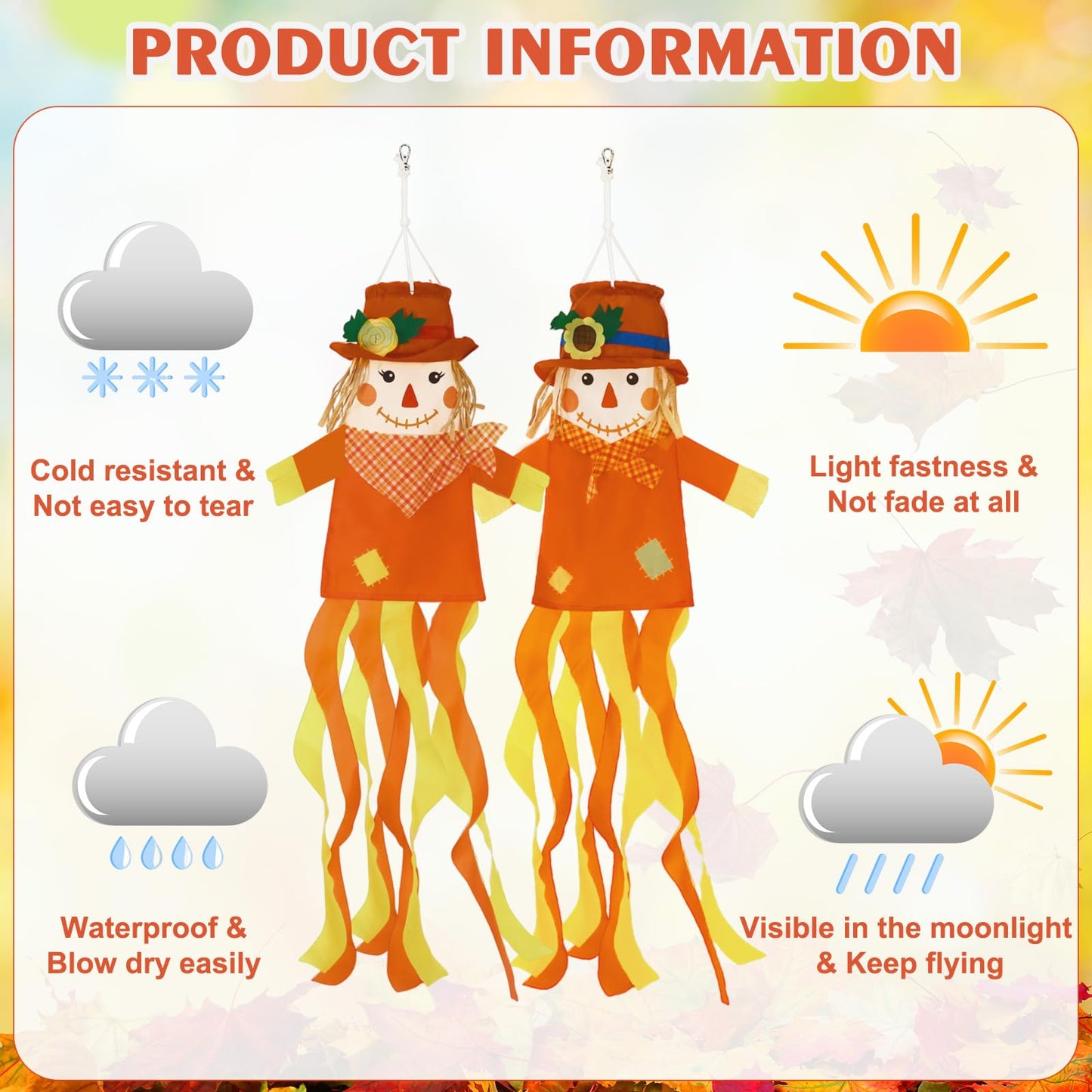 2 Pcs Fall Scarecrows Windsocks, 40 Inch Outdoor Autumn Wind Sock Thanksgiving Hanging Scarecrow Decorations for Garden Patio Party Home Yard Decor