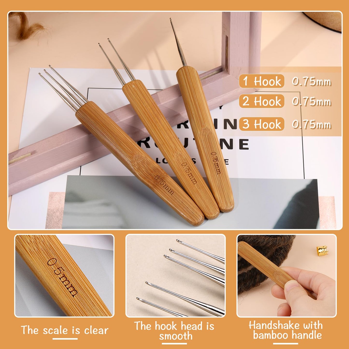 3 Pcs Dreadlocks Crochet Hooks, Dreadlocks Crochet Needle, Bamboo Handle Crochet Hook for Hair Dreadlock Braid Craft, Dreadlock Crochet Hook Tool 0.75mm (1, 2, 3 Hooks)