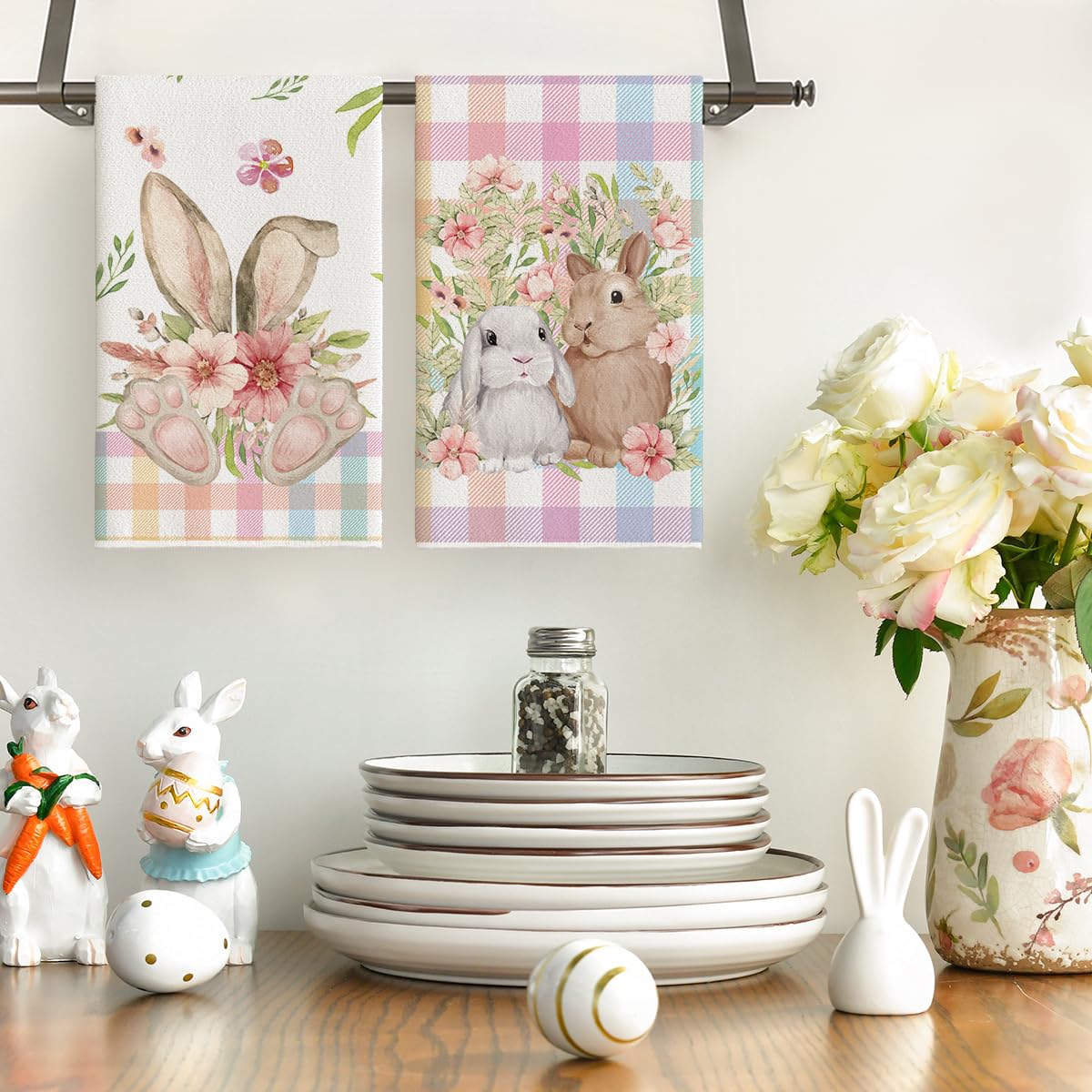 Colorful Buffalo Plaid Bunny Rabbit Flower Easter Kitchen Towels Dish Towels, 18x26 Inch Seasonal Decoration Hand Towels Set of 2