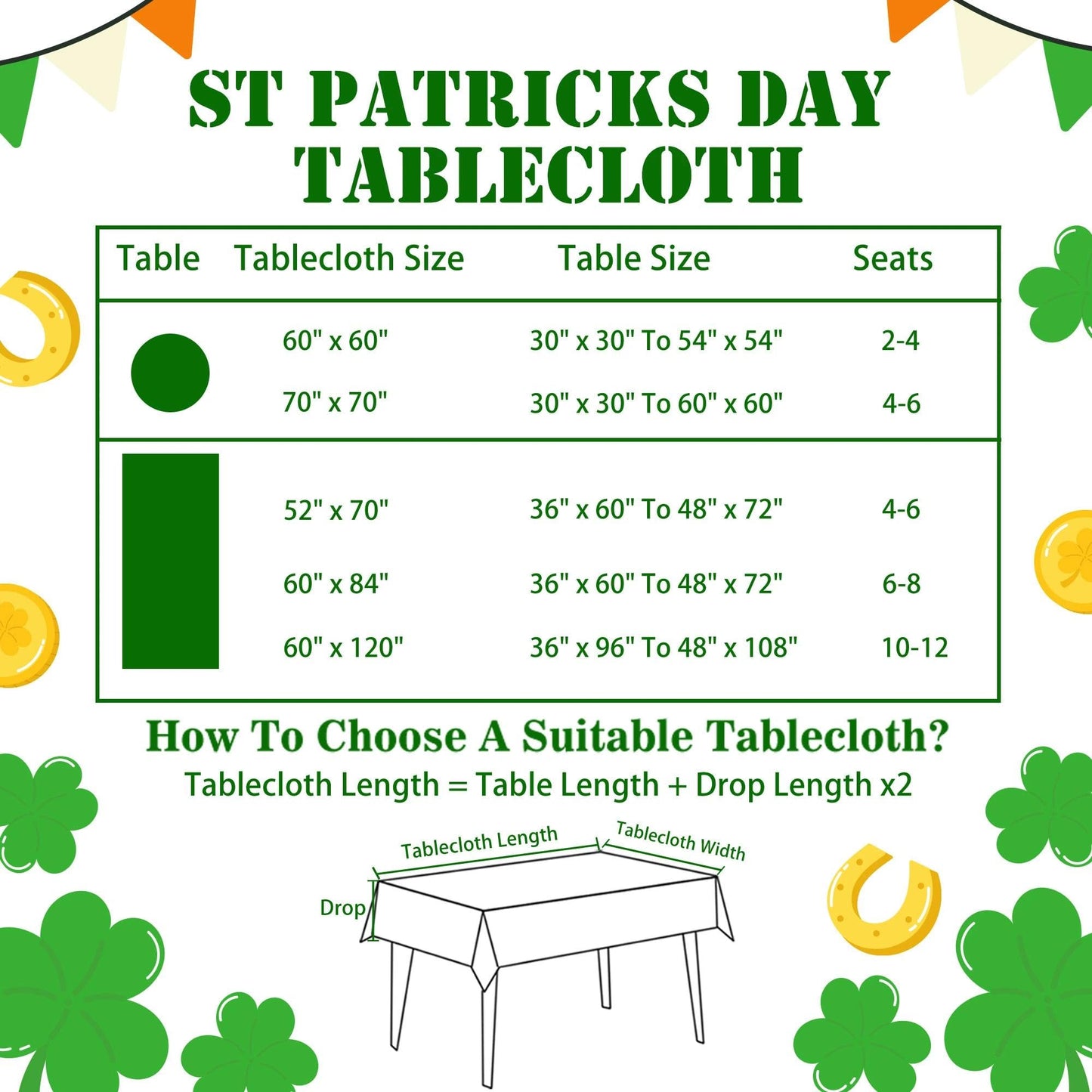 St Patricks Day Tablecloth Rectangle 60 x 84 Inch, Green Shamrocks St Patrick's Table Cloth Gnome Truck Cover for Party Home Dinner Decor
