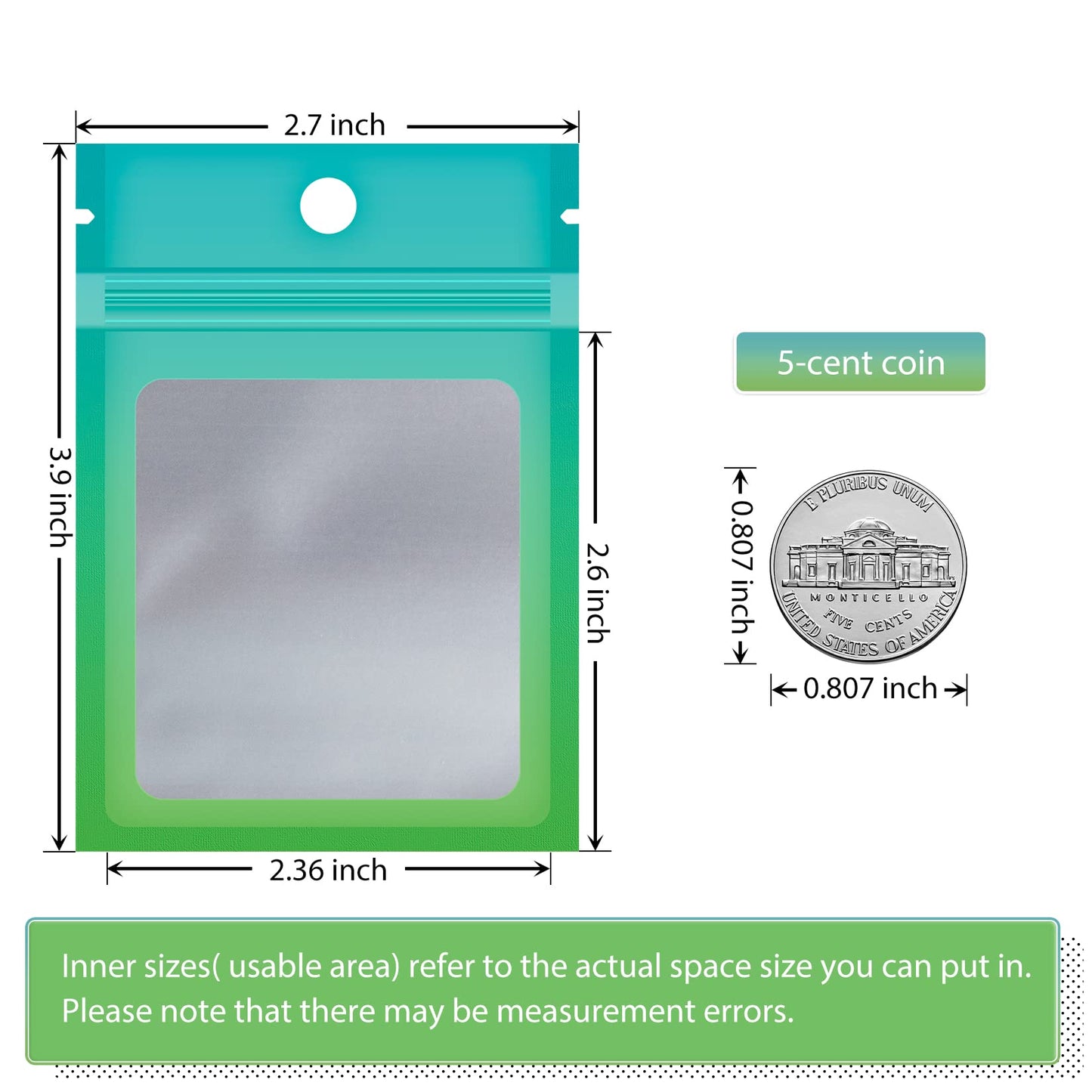 Funfery 100 Pack Smell Proof Resealable Bags for Food Storage,Cute Mylar Clear Bags for Small Business Foil Pouch Zipper Packaging Bag for Sample Jewelry Eyelash Gloss(Blue Green,2.7X3.9in)