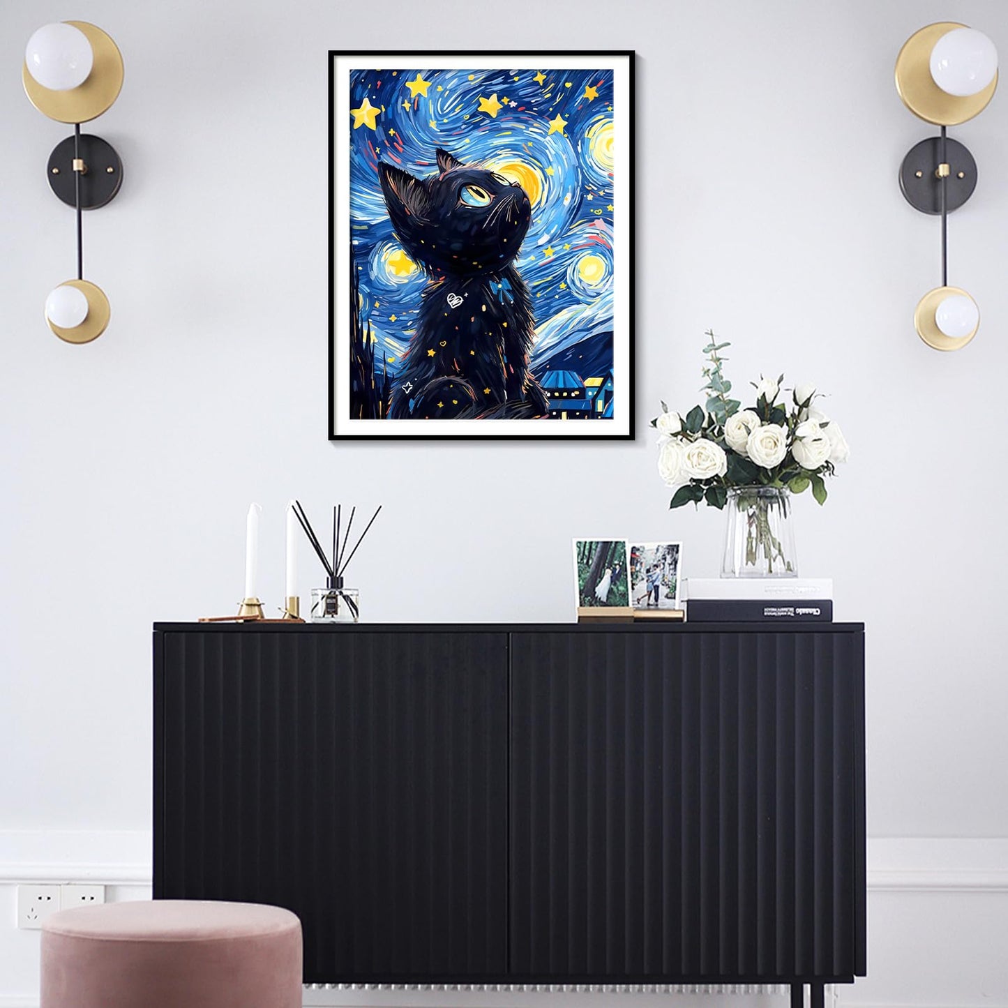 Yunnuo DIY 5D Diamond Painting Kits, Black Cat Diamond Art Kits for Adults, Full Drill Diamond Dots Gem Paintings Canvas for Beginners, Perfect for Festival Home Wall Decor 12x16inch (Starry Night)
