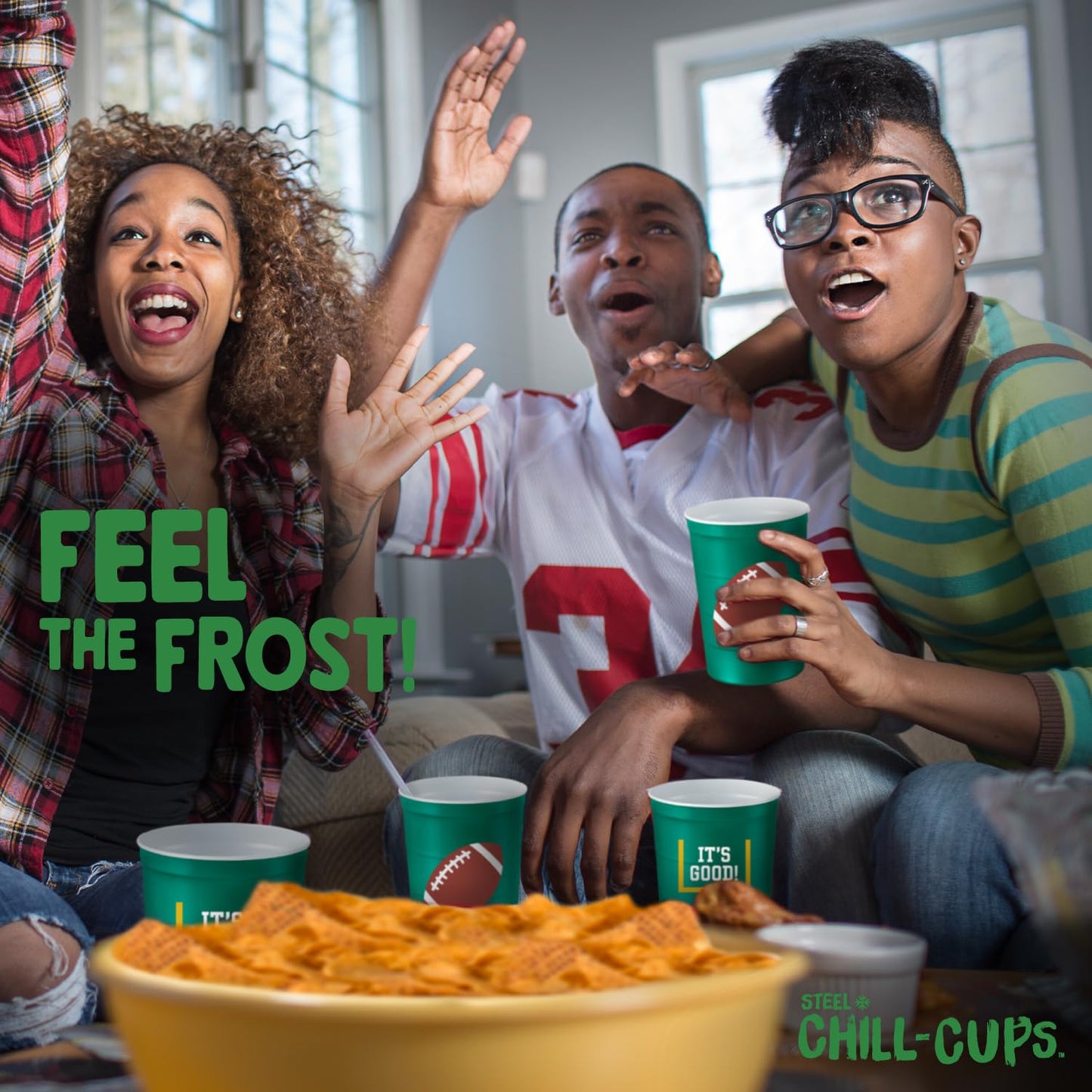 Steel Chill Cups 16 oz. Party Cup Football 'It's Good' Goal Post Design for Cold Drinks, Durable, Disposable, Recyclable, Made in USA, Green 12 Count