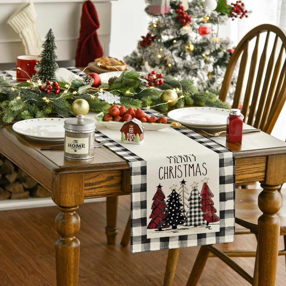 Waterclor Buffalo Plaid Christmas Trees Merry Xmas Table Runner, Seasonal Winter Holiday Kitchen Dining Table Decoration for Indoor Outdoor Home Party Decor 13 x 36 Inch