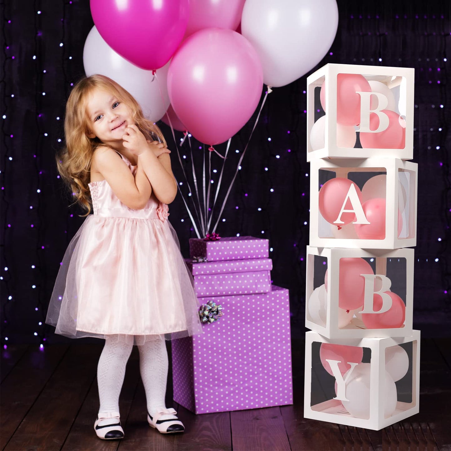 Baby Boxes with Letters for Baby Shower, 4 Transparent Balloon Boxes with Letters for Gender Reveal Birthday Wedding Baby Shower Decorations (White)