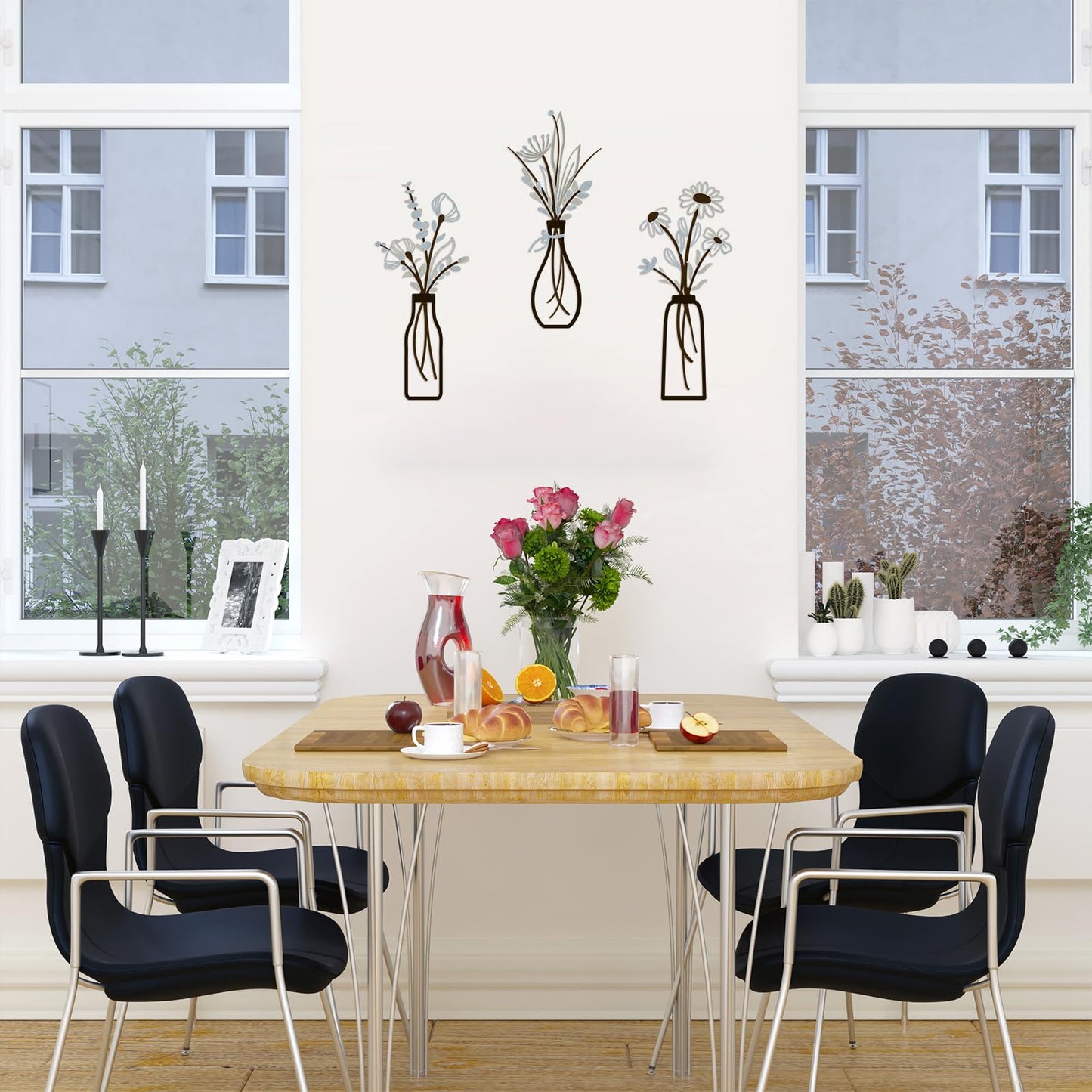 3 Pieces Metal Vase Flowers Wall Arts - Rustic Farmhouse Style Décor Metal Wall Art Black Minimalist Flower Natural Themed Wall Decors for Home Bedroom Dining Room Housewarming (Brown-Blue, Vase-C)