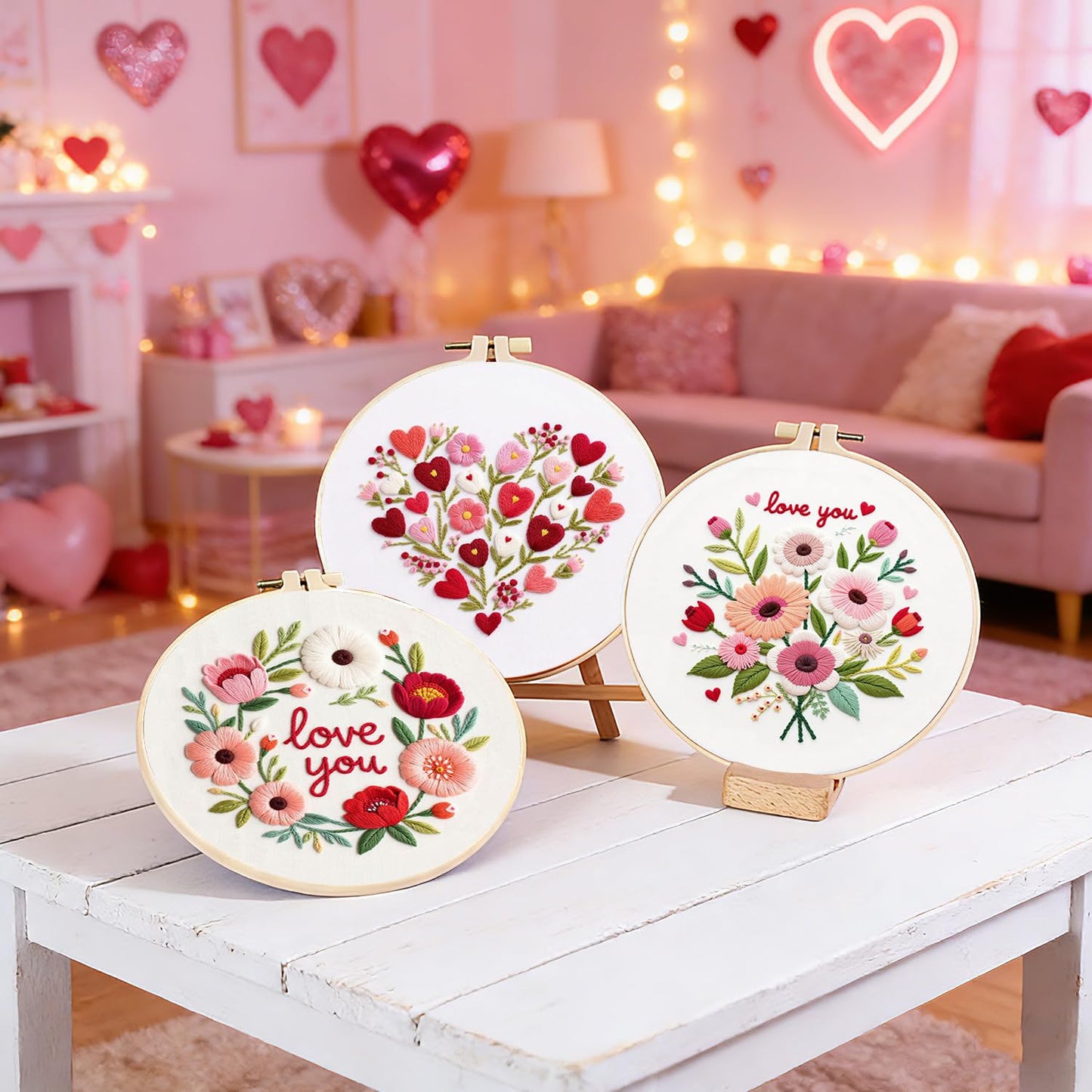 Valentines Embroidery Kit, DIY Embroidery Starter Kit for Adults & Beginners, DIY Needlepoint Kit with Embroidery Hoop Thread Needle for Craft Lover Birthday Gifts (Valentines-4 Set)