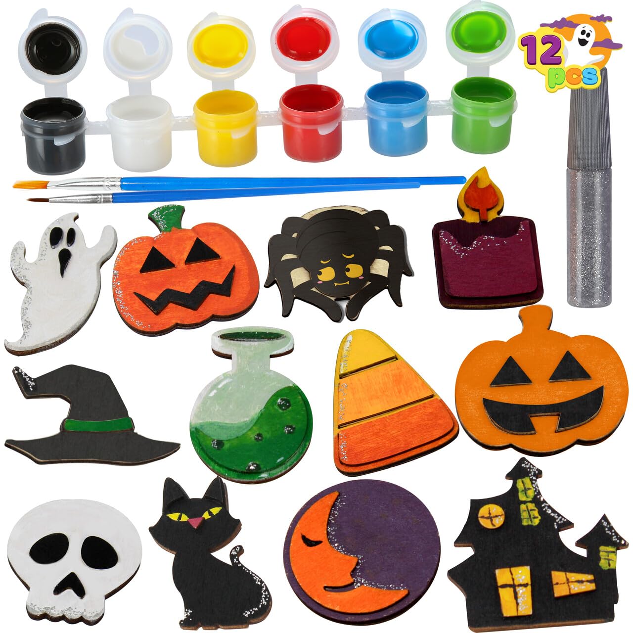 12 Pcs Halloween Wood Craft Kit, Wooden Magnet Creativity Arts Painting Kit, DIY Halloween Painting Craft for Kids Party Supplies, Toddler Party Favors Family School Activities