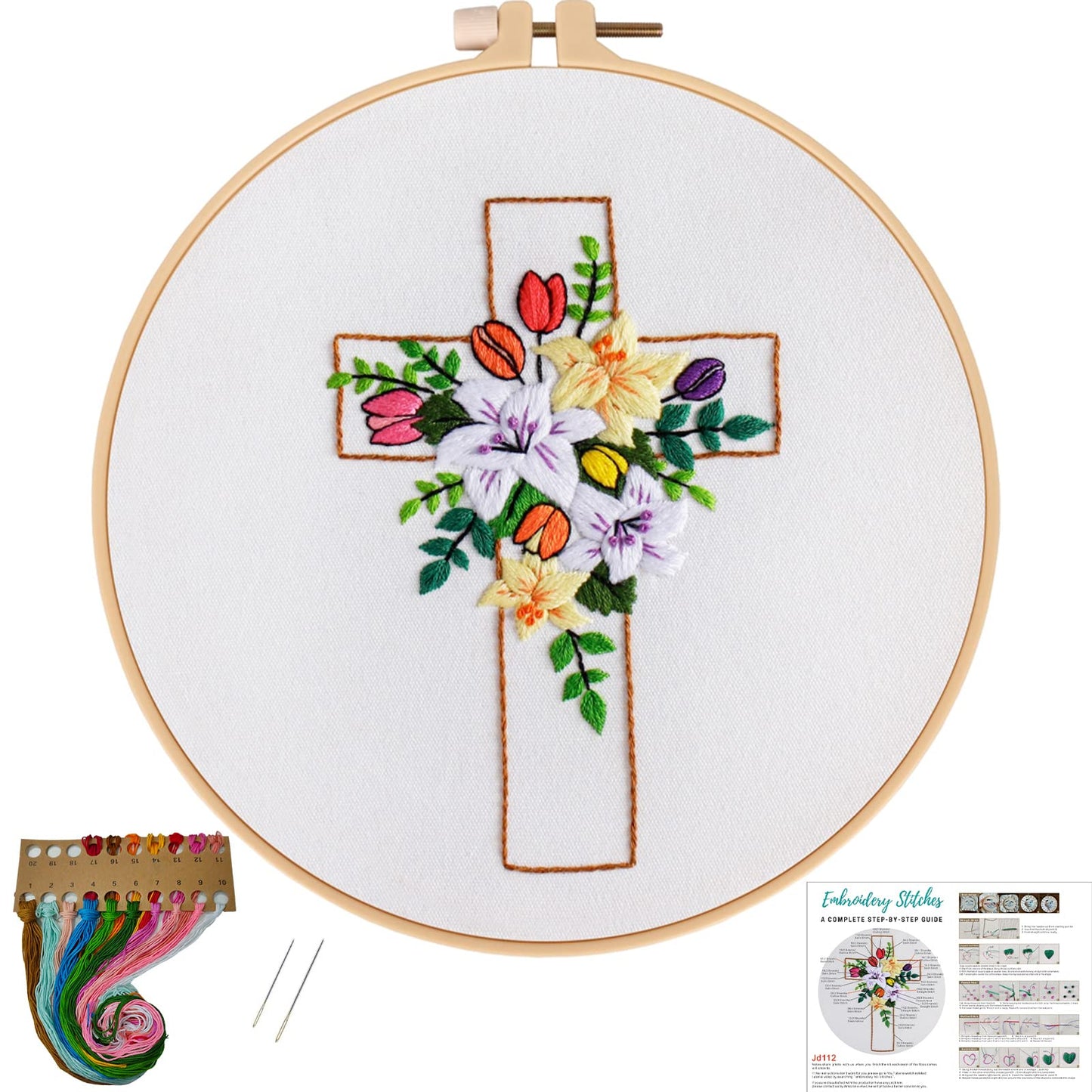 Cross Lily Pattern Embroidery Starter Kit,Cross Stitch Kits for Adults with Embroidery Hoop Needles Threads Instruction -Easter Jesus