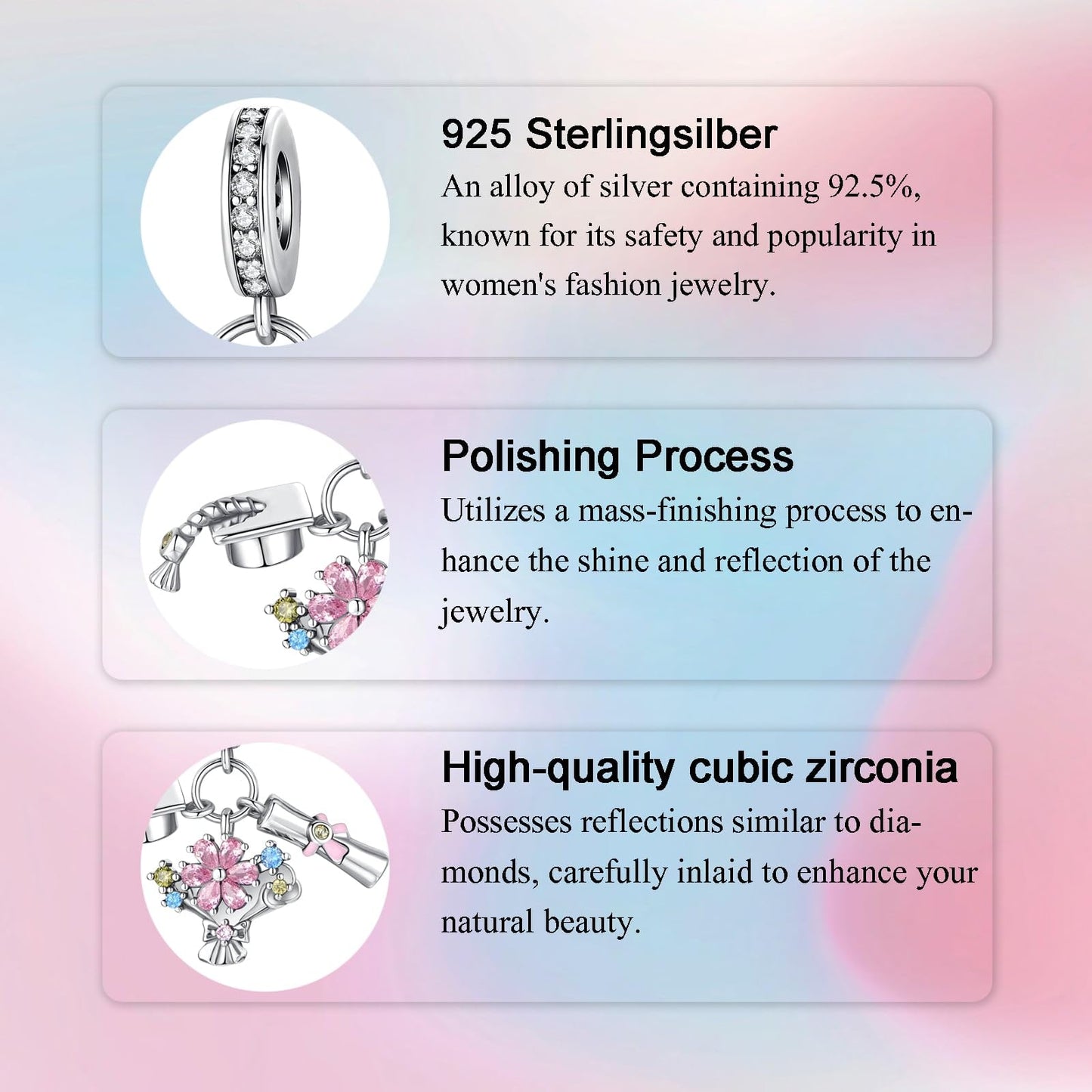 Alstade Graduation Triple Dangle Charm 925 Sterling Silver Charms fits Bracelets and Necklace Pendant Bead Charms Jewelry Present for Women Family Friends