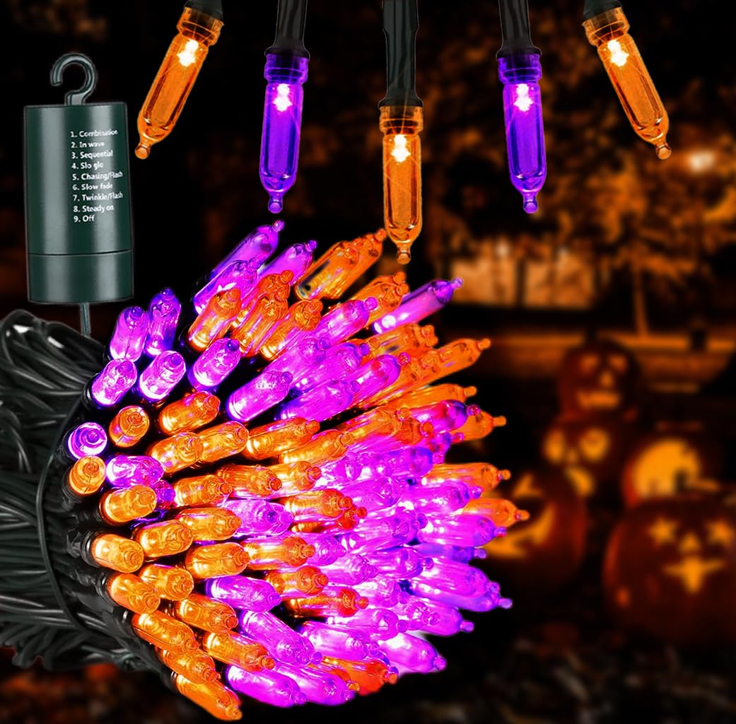 Joomer Orange Purple Halloween Lights,Battery Operated 33ft 100 LED Mini String Lights Waterproof Halloween Lights with 8 Modes & Timer Function for Halloween Decorations