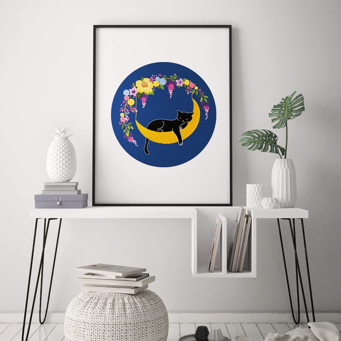 Louise Maelys Cat Moon Embroidery kit for Beginners,Cross Stitch Kits for Adult Including Cloth,Hoop, Color Threads,Needles and Instruction