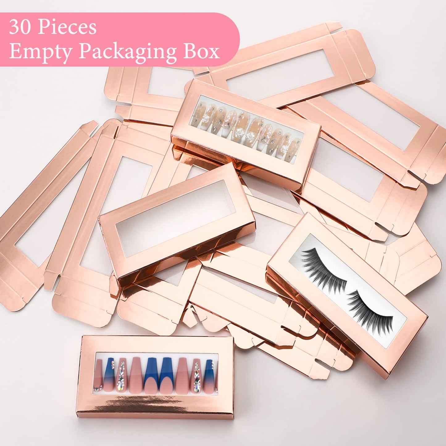 Noverlife 30PCS Empty Nail Package Box with 30 PCS White Background Papers, Empty Pullable Display Packing Box, Press On Nails Packaging Box Set for Press on Nail Business, Empty Nail Tip Box Packaging - Rose Gold