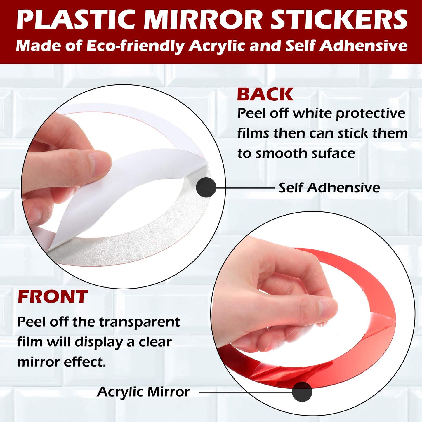 Outus 72 Pieces Wall Stickers Acrylic Circle Mirror Removable Round Dots Mirror Wall Decoration Wall Decals Murals for Home Living Room Bedroom Decor(Silver, Red, Black)