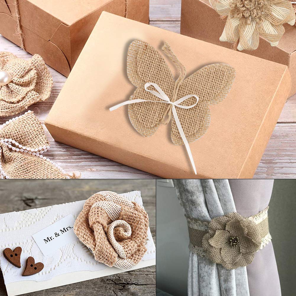 GUIFIER 30 PCS Burlap Flower Set,with 24 Handmade Burlap Flowers and Burlap Bow, 5 Burlap Lace Ribbon Rolls,1 Twine Glue Point Burlap Jute Ribbon for Wedding Party Decor Home Embellishment DIY Crafts