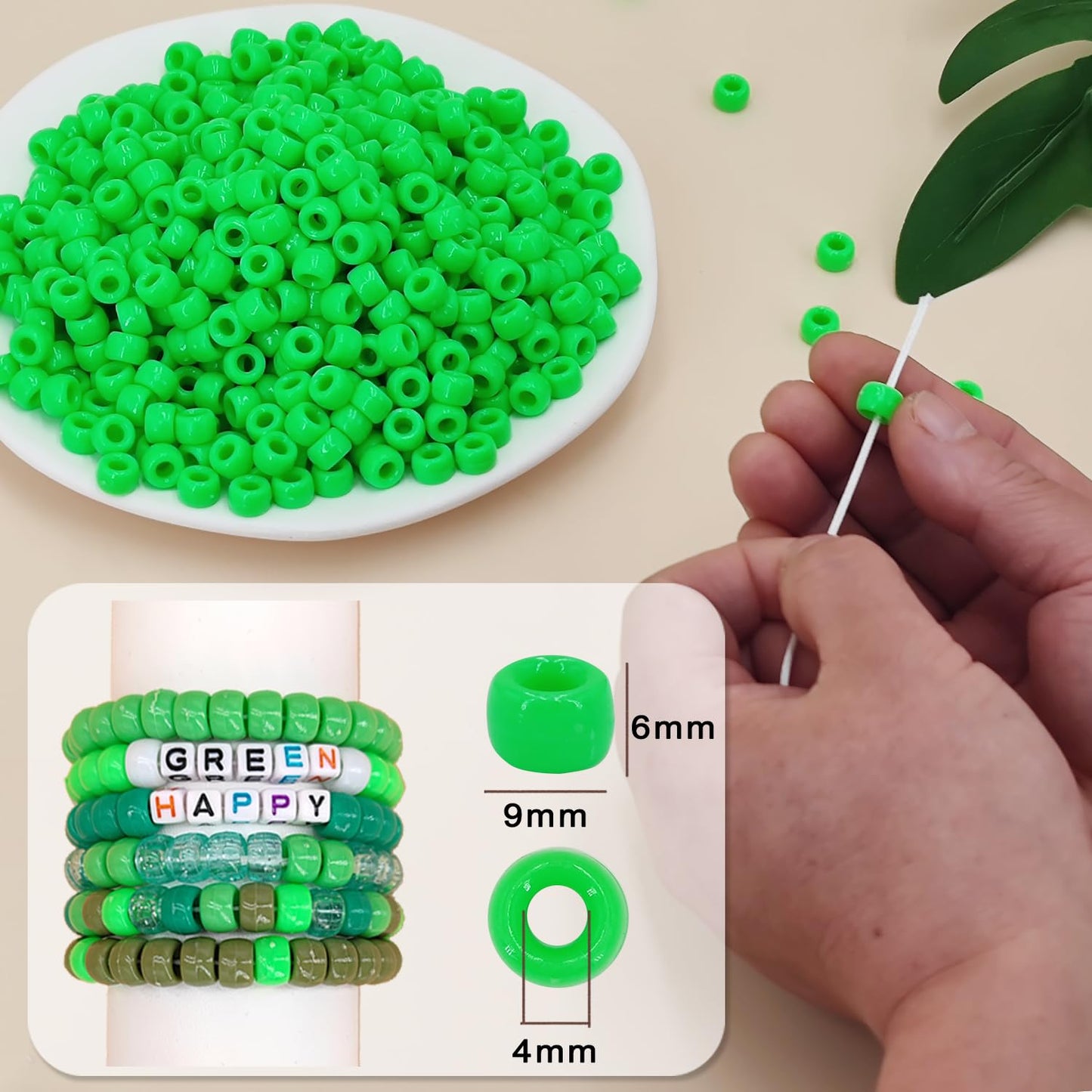 MIIIM 1200PCS 6x9mm Green Pony Beads Bulk, Kandi Beads for Bracelets Making Kit, Hair Braids Crafts for Jewelry Making (Bright Green)