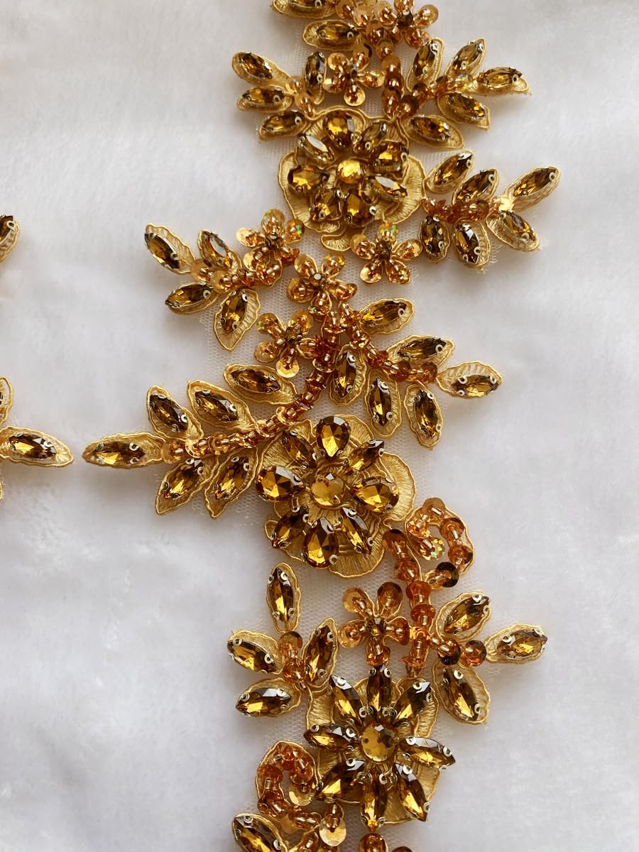 Zbroh Handmade red/White//Green/Blue Rhinestones Applique Sewing Beads Stones Trim lace Patches Accessory for Dress Clothes one Pair (Champagne)