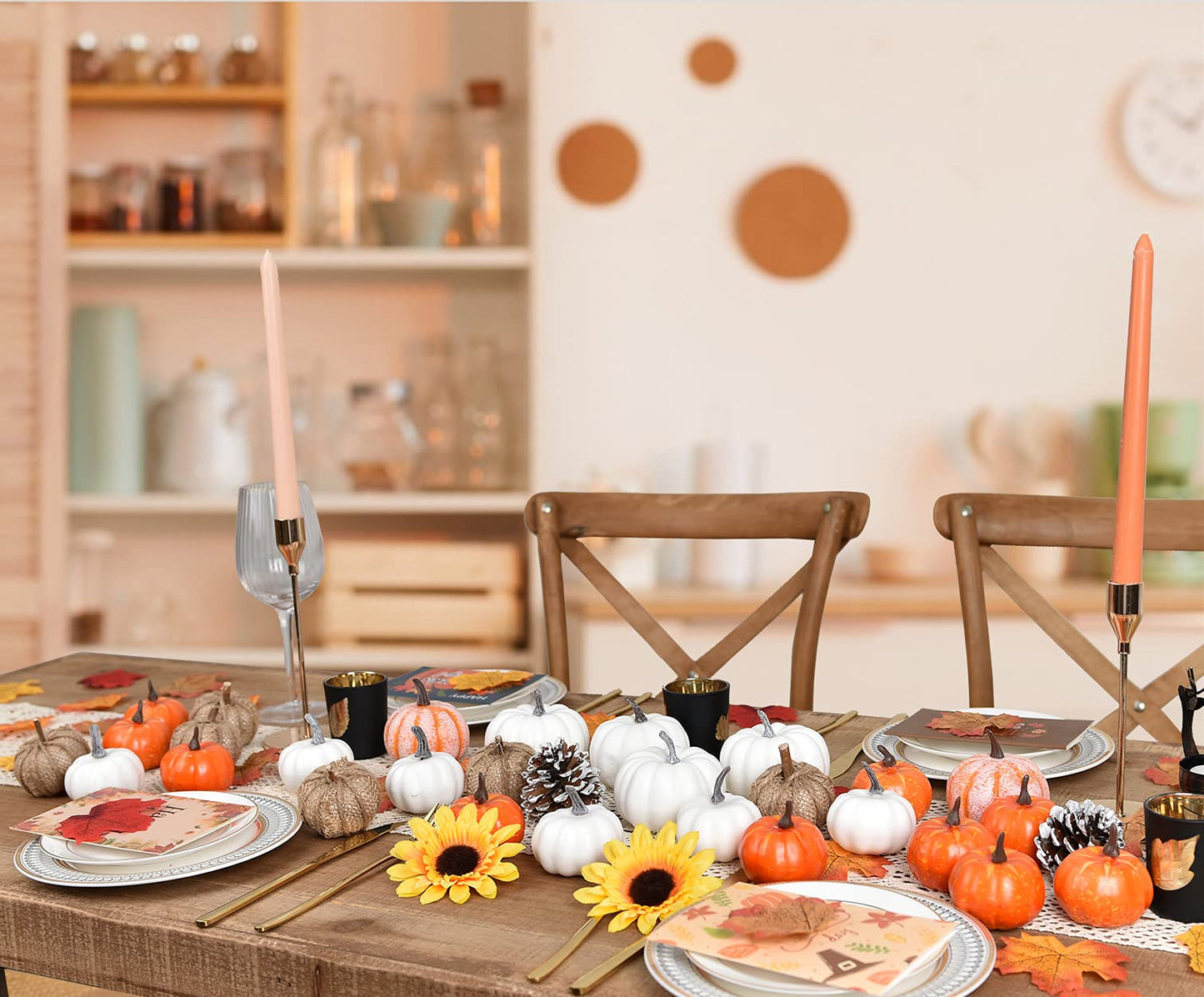 80Pcs Artificial Pumpkins Maple Harvest Fall Decoration, 30Pcs Fall Pumpkins and 50Pcs Maple Leaves for Autumn Thanksgiving Harvest Home Decor