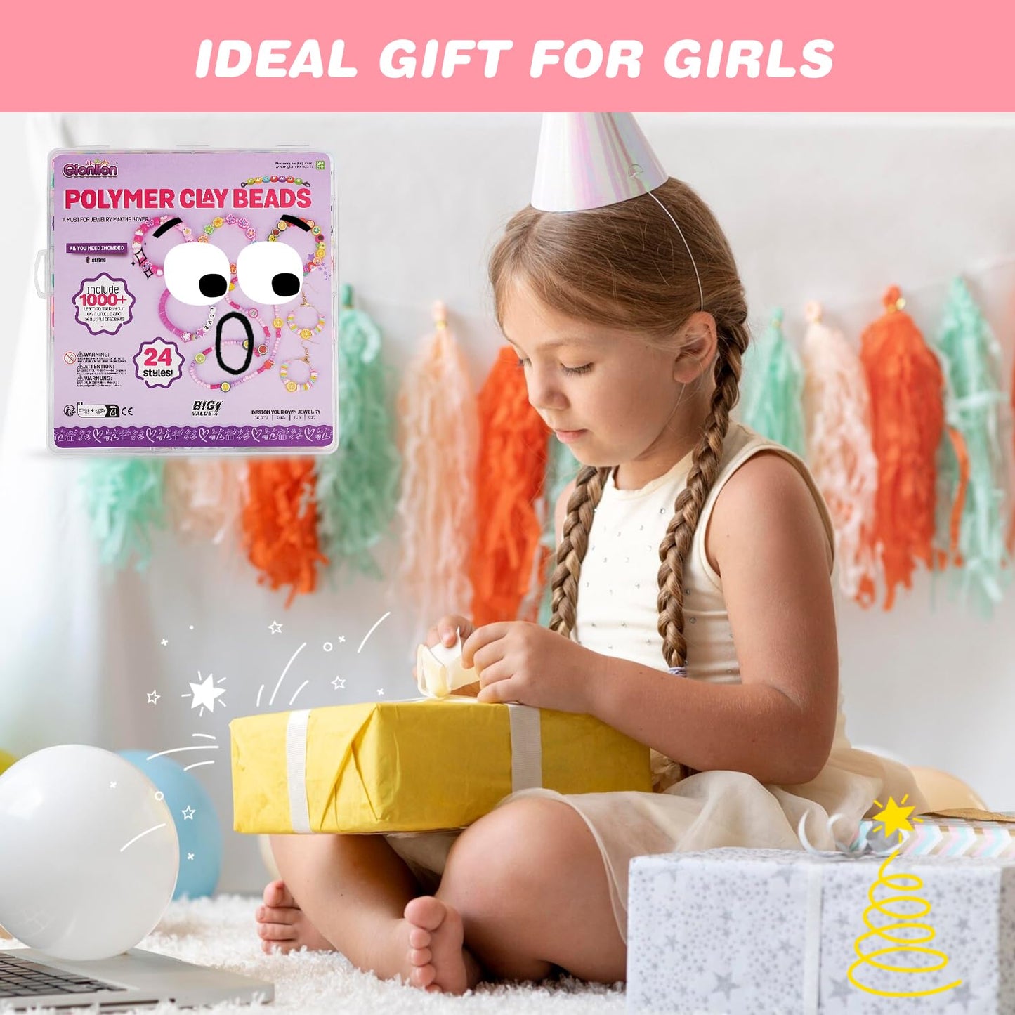 1000PCS Polymer Clay Beads Bracelet Making kit, 24 Style Cute Fun Fruit Flower Rainbow Butterfly Animal Heart Star Beads Charms for Jewelry Necklace Making Gift for Girls Kids