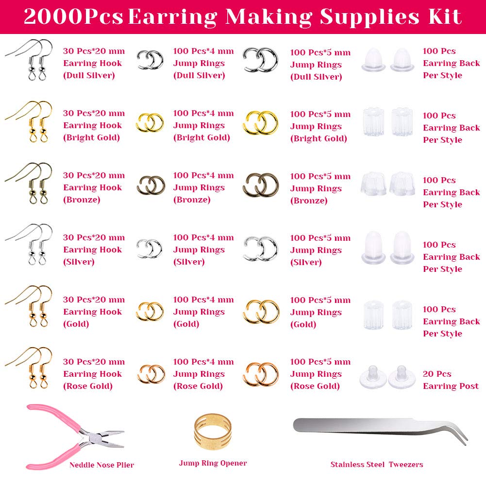 Earrings Hooks for Jewelry Making, Anezus 2000Pcs Earring Making Supplies Kit with Fish Hook Earrings, Earring Cards, Jewelry Plier, Earring Backs and Jump Ring for Jewelry Making and Earring Repair