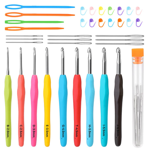 9 PCS Crochet Hooks, 2mm-6mm Multicolor Extended Crochet, Ergonomic Handle Crochet Hooks Set for Beginners Adults with Stitch Markers and Knitting Needles