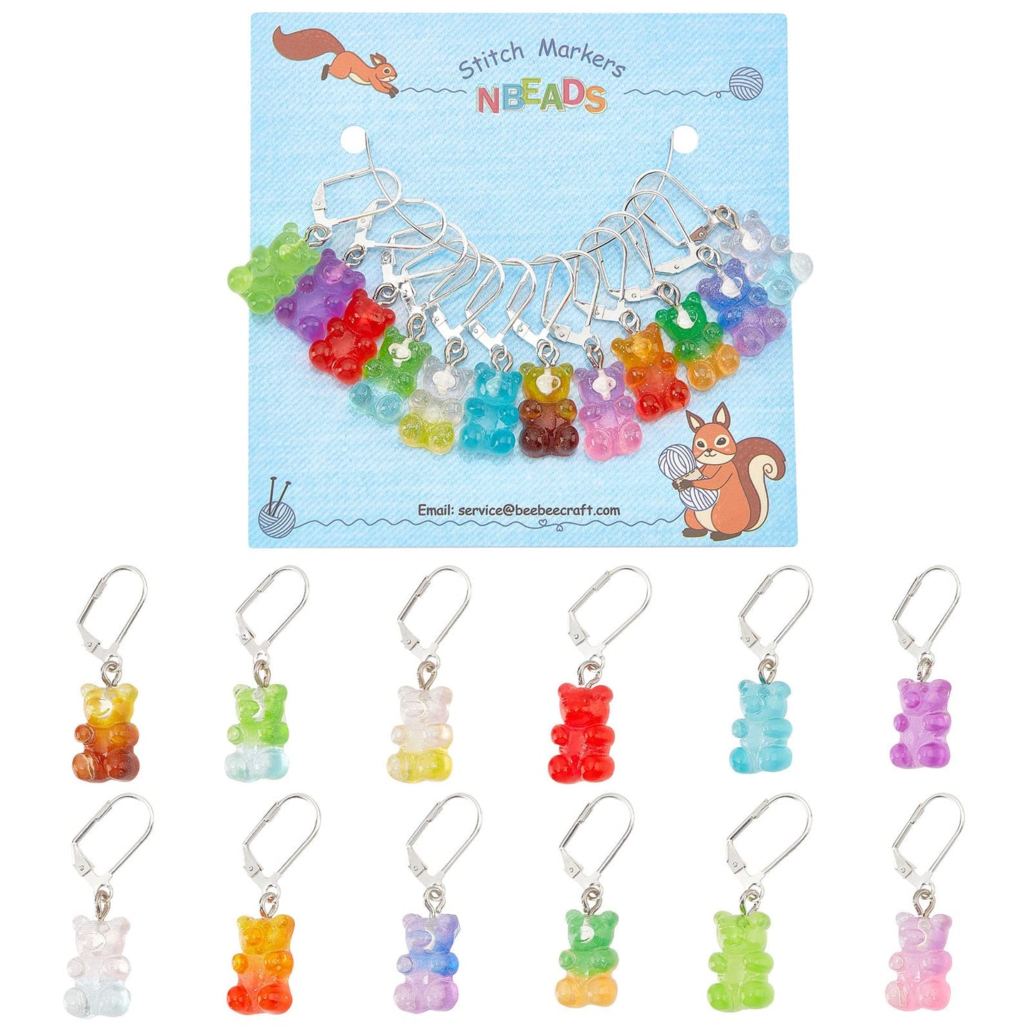 NBEADS 12 Pcs Bear Stitch Markers - 12 Colors Resin Gummy Bear Crochet Stitch Marker Charms - Locking DIY Handmade Gift for Knitting, Weaving, Sewing, Quilting, Handmade Jewelry