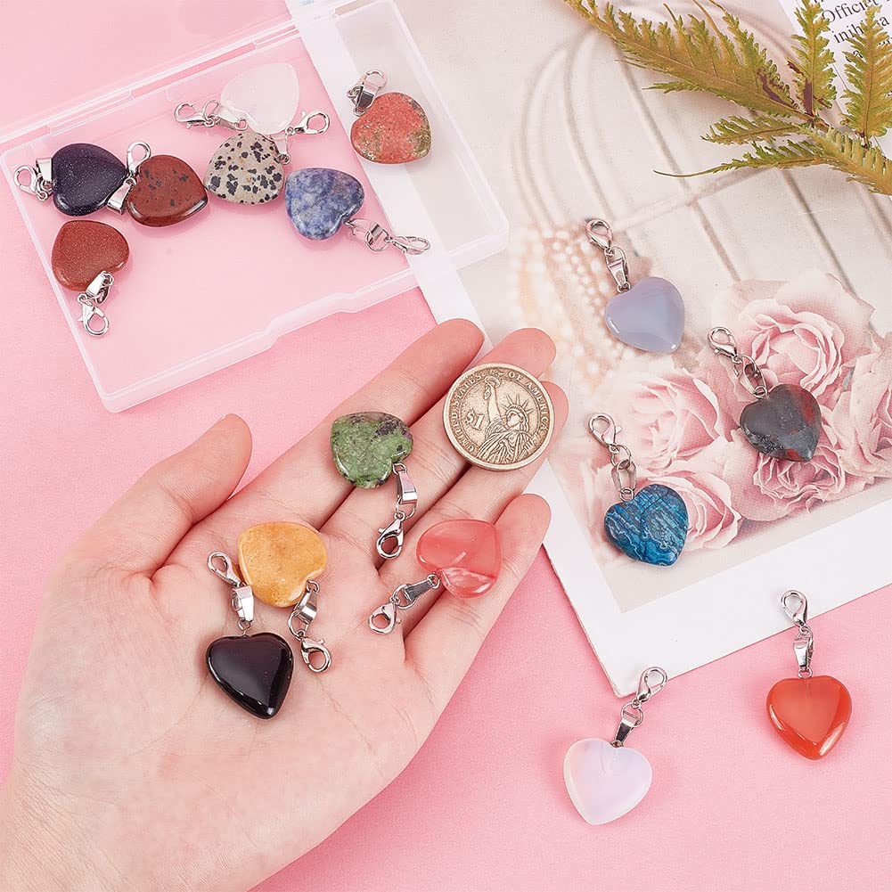 PH PandaHall Heart Stone Charms 16pcs Love Heart Pendants Valentine Charms Quartz Gemstone Chakra Stone Charm Pendants with Lobster Claw Clasps for Valentine Mother Wedding Necklace Jewelry Making