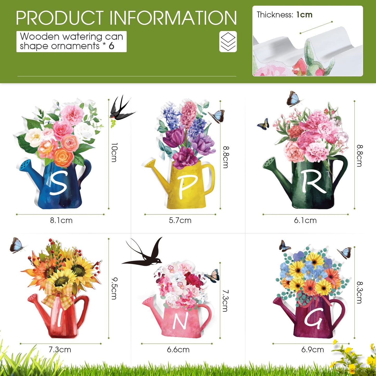 6 Pieces Spring Wood Block Signs Wooden Tabletop Spring Decor Flowers Decor Tiered Tray Decorations Watering Can Table Centerpiece Wall Pediments for Home Farmhouse Tabletop