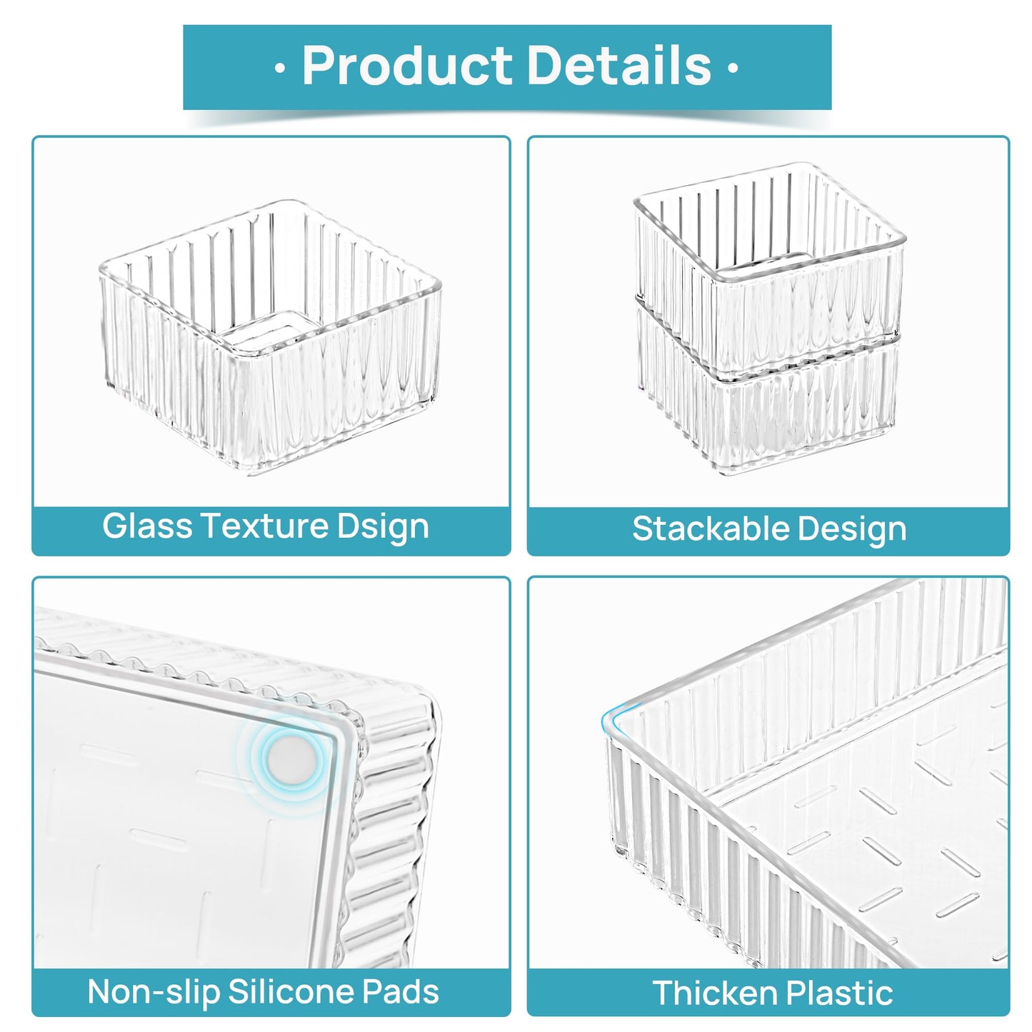 7 PCS Clear Drawer Organizers Bins, 4-Size Stackable Makeup and Vanity Drawer Organizer Trays, Acrylic Bathroom Drawer Storage Containers for Cosmetic, Office Supply, Kitchen Utensils Gadgets