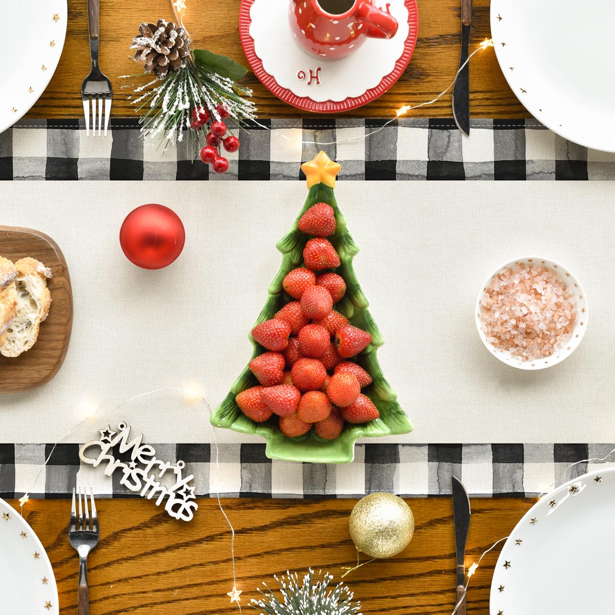 Waterclor Buffalo Plaid Christmas Trees Merry Xmas Table Runner, Seasonal Winter Holiday Kitchen Dining Table Decoration for Indoor Outdoor Home Party Decor 13 x 36 Inch