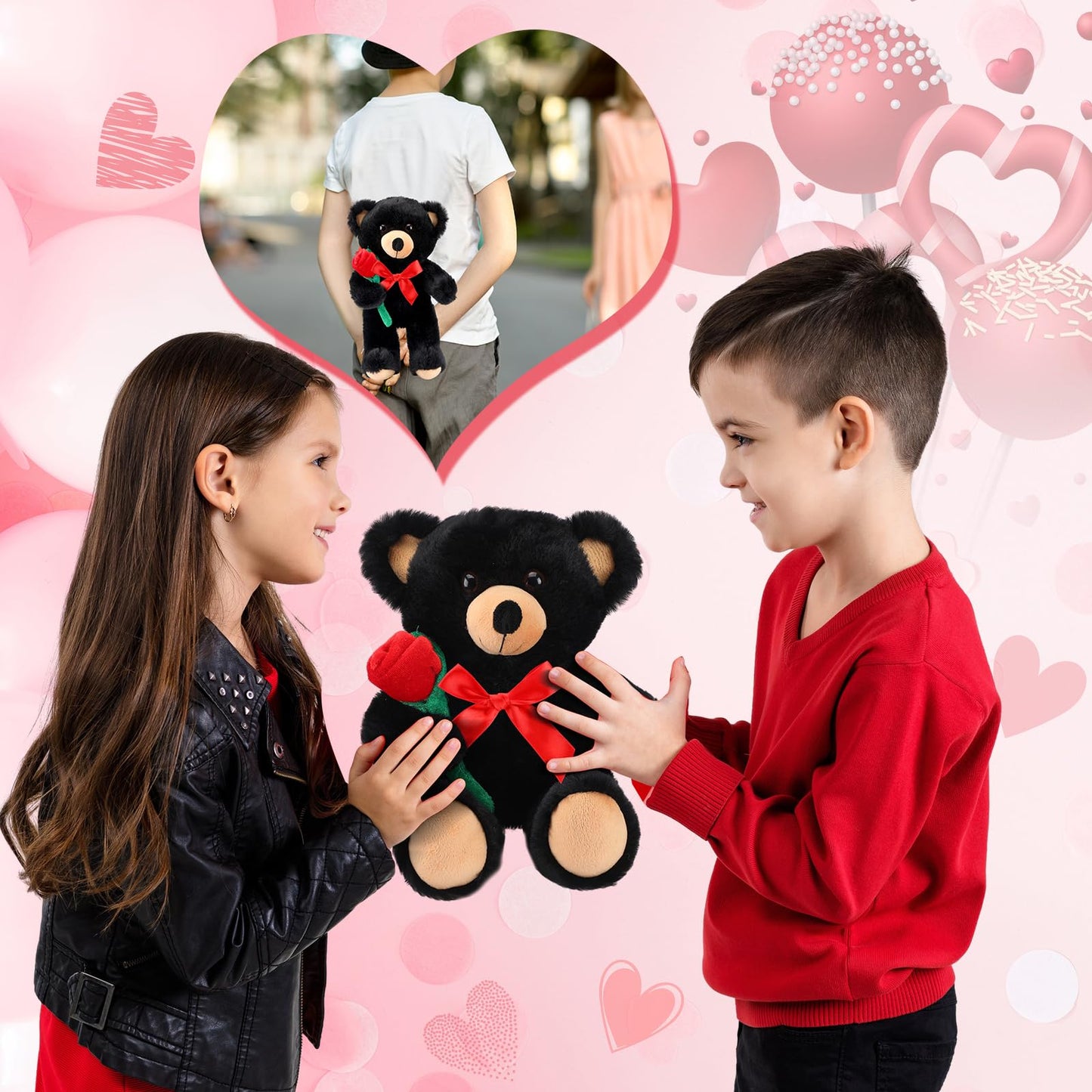 Valentine Bear Stuffed Animal Gift with Rose Funny Cute Bear Plush Stuffed Animal for Kids Toddler Mother Girlfriend Valentine Birthday Wedding, 11.8 Inches(Black)