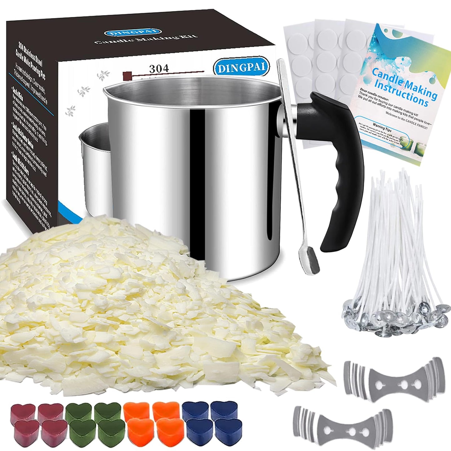 Candle Making Supplies, Complete Soy Candle Making Set Including Candle Make Pouring Pot, Candle Wicks, Wicks Sticker, 3-Hole Candle Wicks Holder, Natural Soy Wax and Spoon