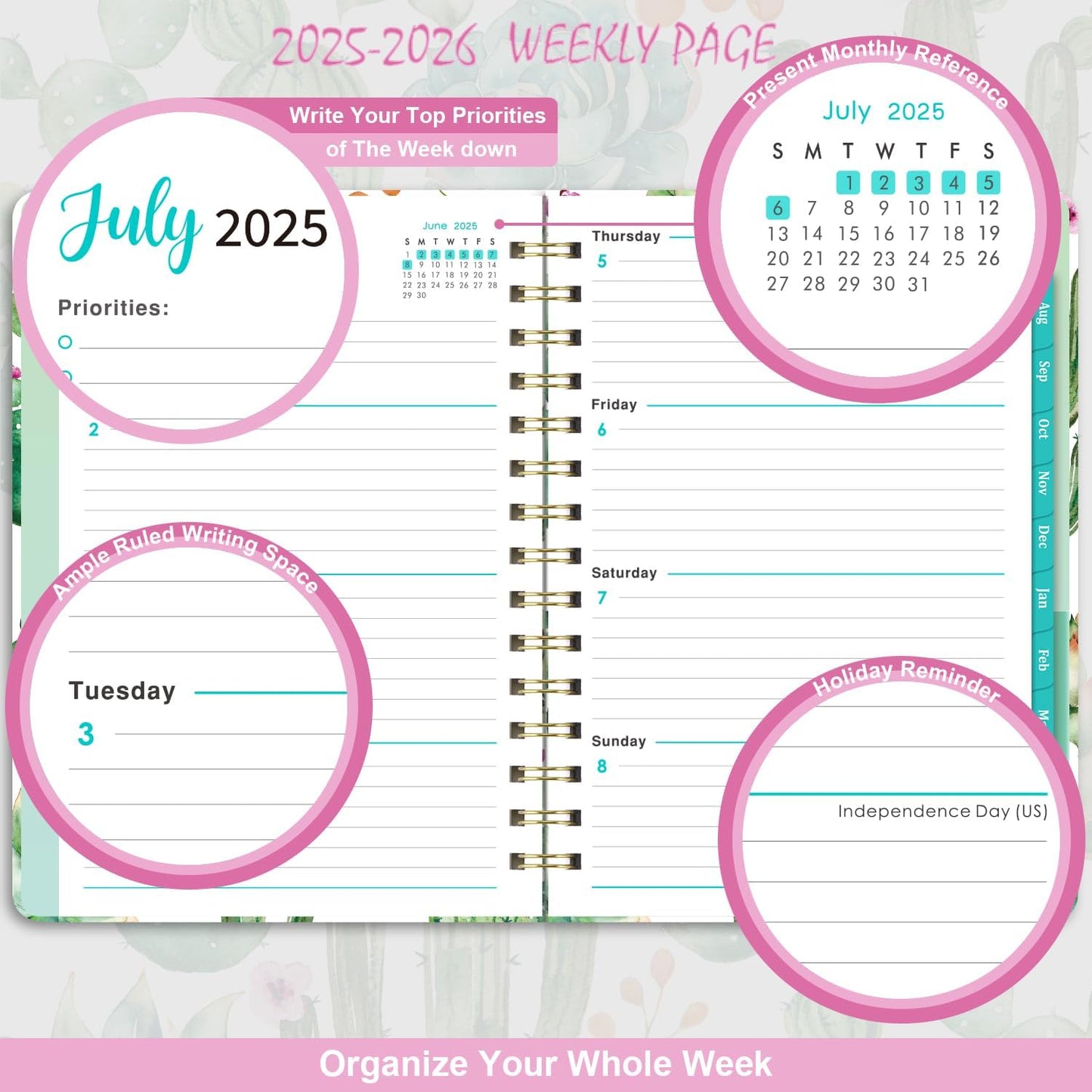2025-2026 Planner - Planner 2025-2026, Jul 2025 - Jun 2026, 8.5" x 6.4", Planners with Hardcover, Twin - Wire Binding, Monthly Tabs, Elastic Closure, Daily Organizer