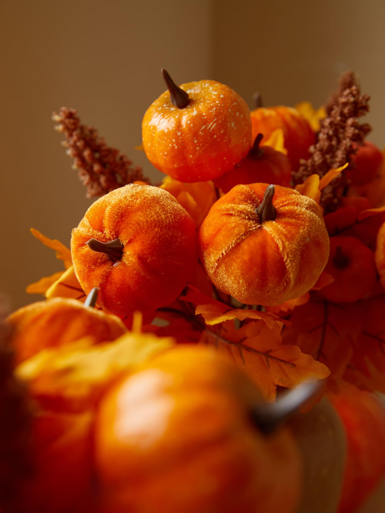 4PCS Maple Leaves Bunch with Silk Pumpkin Autumn Floral Stems for DIY Arrangment Fall Decor Fall Decorations for Home