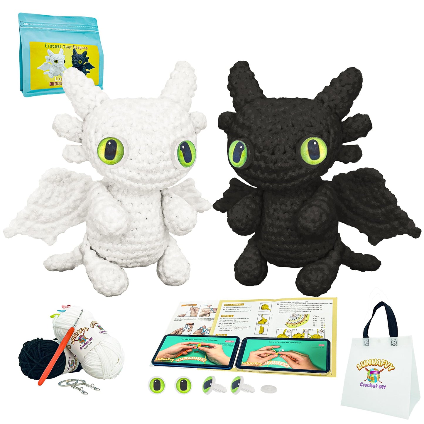 LuNuaFvy Crochet Kit for Beginners Adults & 12+ Kids – Complete Starter Kit to Make 2 Amigurumi Dragons with Left/Right-Hand Video Tutorial (4hr), 3-Way Animal Patterns, Gift & Storage Bags