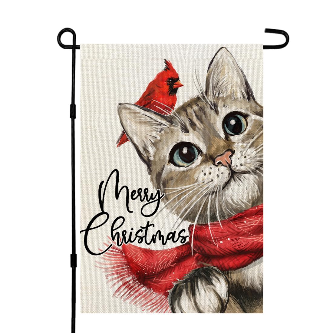 Merry Christmas Cat Garden Flag 12x18 Inch Double Sided Small Burlap Holiday Cardinal Yard Decoration for Outside