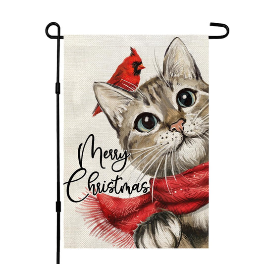 Merry Christmas Cat Garden Flag 12x18 Inch Double Sided Small Burlap Holiday Cardinal Yard Decoration for Outside